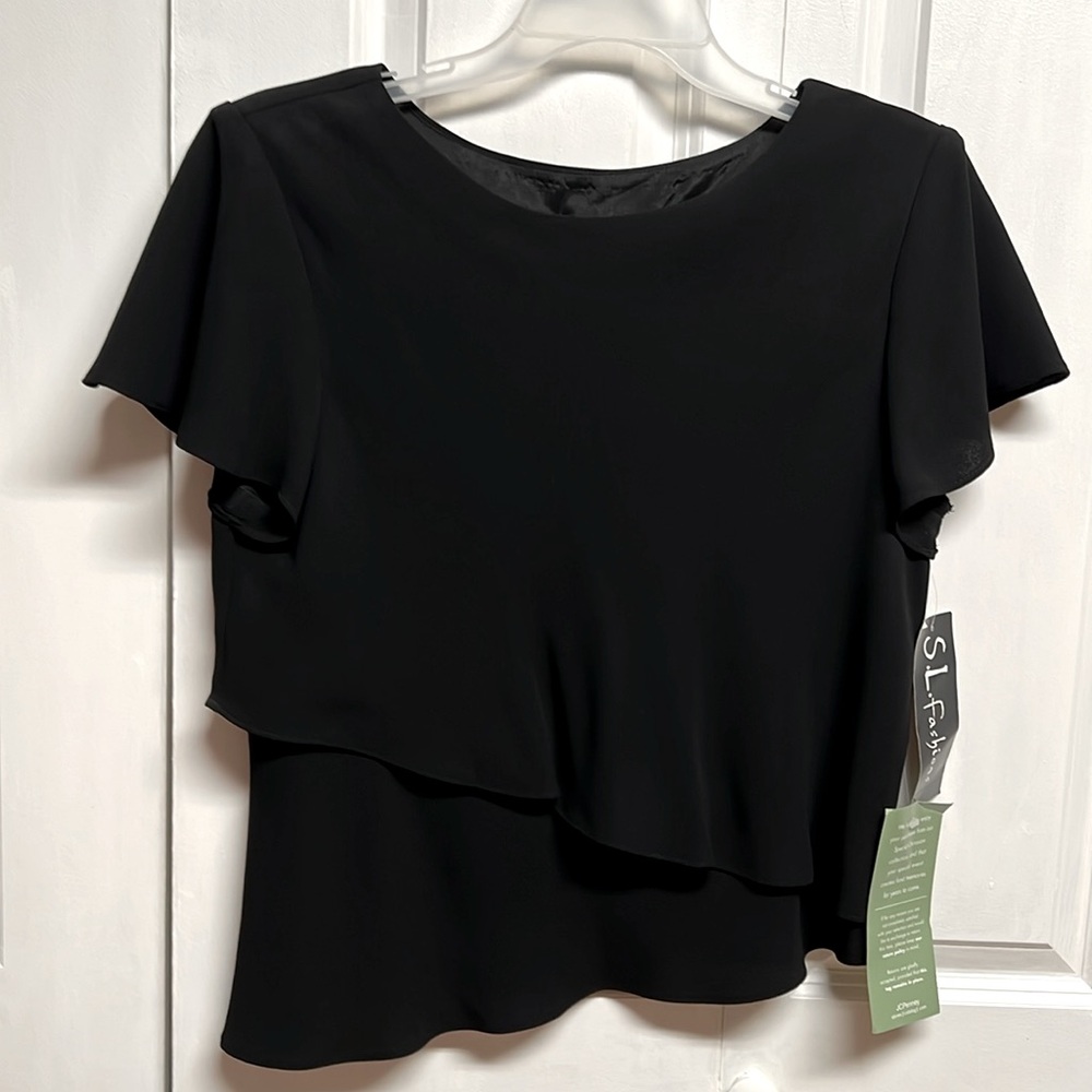 S.L. Fashion Black 2 Tiered Flutter Short Sleeve Top Size 16 NWT